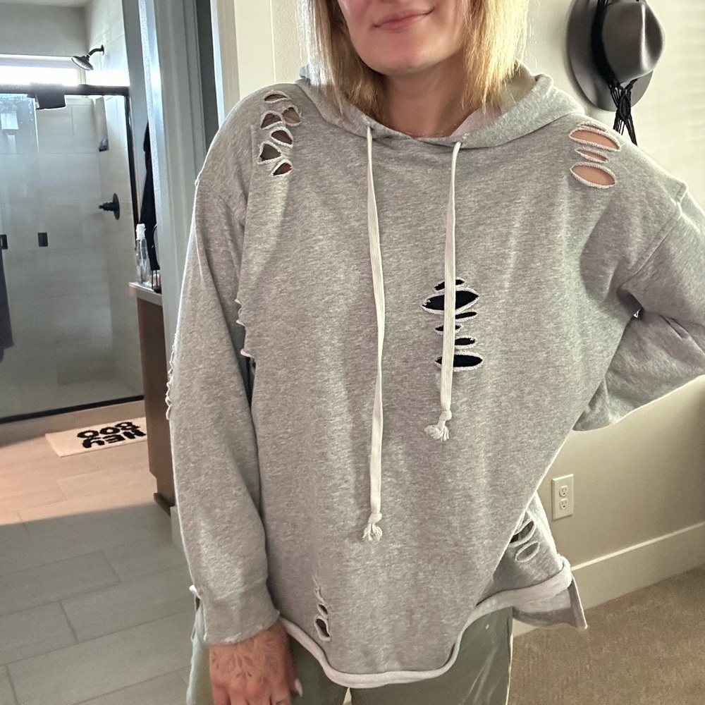 Grey Oversized Distressed Hoodie